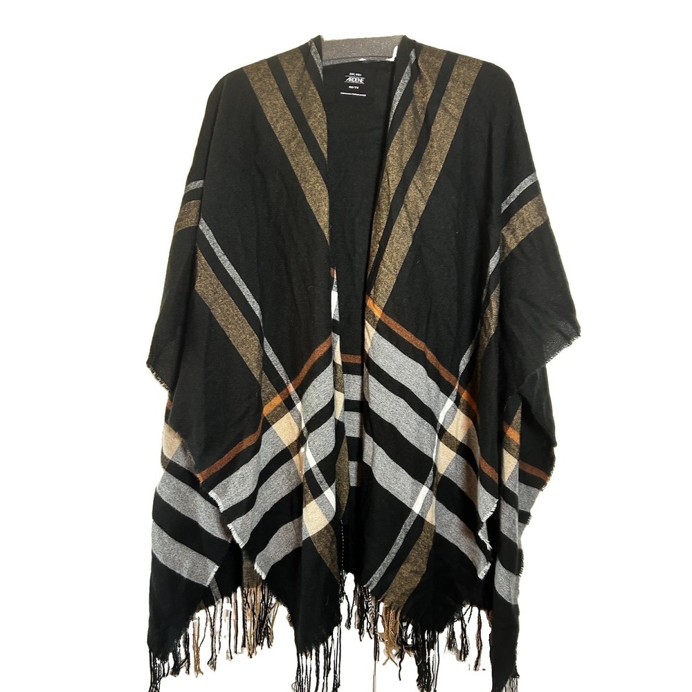 Ardene Black/white/brown Plaid Blanket Sweater Poncho Cape Shawl Fringe O/S